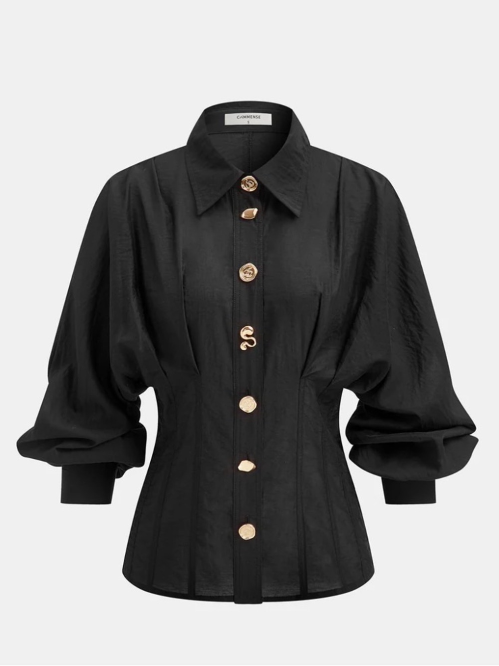 NWT Commense Black Puff-Sleeve Button Front Blouse with Gold Buttons
